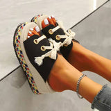 Purpdrank - Black Fashion Casual Patchwork Frenulum Round Wedges Shoes