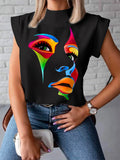 Purpdrank - Original Casual High-Neck Cap Sleeves Face Printed T-Shirt Top