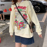 Purpdrank - New Harajuku Retro Top Strawberry Print Hoodie Women Loose Streetwear Sweatshirt American Retro Oversized Pullover