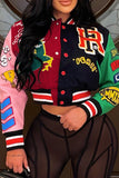 Purpdrank - Black Gray Casual Sweet Print Patchwork Pocket Buckle Cardigan Collar Outerwear