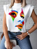 Purpdrank - Original Casual High-Neck Cap Sleeves Face Printed T-Shirt Top