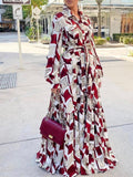 Purpdrank - High Waist Romantic Red Shirt Long Skirt Chiffon Printing Large Swing Long Skirt