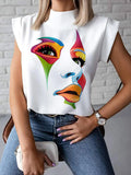 Purpdrank - Original Casual High-Neck Cap Sleeves Face Printed T-Shirt Top