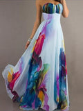 Purpdrank - Women's Maxi White Dress Sexy Summer Vacation Beach Chiffon Swing Floral Strapless Print High Waist