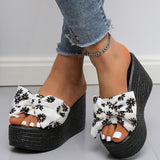 Purpdrank - Black Casual Patchwork Printing With Bow Round Wedges Shoes (Heel Height 3.15in)