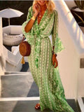 Purpdrank - Women's Swing Dress Maxi Long Dress 3/4 Length Sleeve Geometric Print Spring Summer Boho Flare Cuff Sleeve Blushing Pink Green