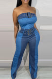 Purpdrank - Blue Casual Patchwork Backless Contrast Strapless Skinny Jumpsuits