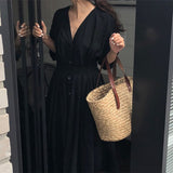 Purpdrank - New Lace Up Oversized High Waist Pleated Dress Women Spring Summer Elegant Chic V-Neck Long White Dresses