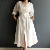 Purpdrank - New Lace Up Oversized High Waist Pleated Dress Women Spring Summer Elegant Chic V-Neck Long White Dresses