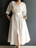 Purpdrank - New Lace Up Oversized High Waist Pleated Dress Women Spring Summer Elegant Chic V-Neck Long White Dresses