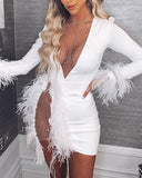 Purpdrank - Women Winter Mini Dress Full Sleeve Mesh See Through Dress Sexy Night Club Bandage Party Feather Elegant Bodycon Dresses GL675