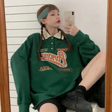 Purpdrank - Vintage Polo Collar Oversized Hoodies Women Korean Autumn Letter Print Sweatshirt Harajuku Bear Tops Long Sleeve Plus Size
