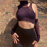 Purpdrank - Sexy Club Mesh See-Through Sleevsless Tank Tee Women Fashion Street Style Off Shoulder Solid Color Crop Top T-Shirt Mujer