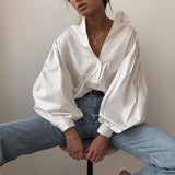 Purpdrank - Ladies Lantern Sleeve Elegant Blouse Shirt Women White Black Casual Button Vintage Turn Down Collar Office Lady Shirt Female