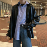 Purpdrank - New Women oversized PU leather blouses Spring Autumn Black Faux Leather Basic Coat Turn-down Collar Motor Biker Jacket