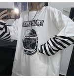 Purpdrank - Autumn tshirt Casual Letter Print O-Neck stripe Tees Creativity Loose T-Shirts Women Long Sleeve Oversize top Hip Hop Streetwear