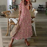 Purpdrank - Women Elegant V-Neck Summer Dresses Casual Short Sleeve Dresses Embroidered Slim Long Dress Vintage Drawstring Design Dress