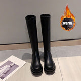 Purpdrank - Platform Knee High Boots Slip-on Block Heel Footwear Women Thick High Heels PU Leather Shoes Fashion Spring Female Boots