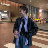 Purpdrank - New Women oversized PU leather blouses Spring Autumn Black Faux Leather Basic Coat Turn-down Collar Motor Biker Jacket