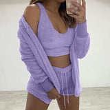 Purpdrank - Three Piece Sexy Fluffy Outfits Plush Velvet Hooded Cardigan Coat+Shorts+Crop Top Women Tracksuit Sets Casual Sports Sweatshirt