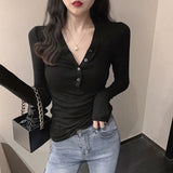 Purpdrank - Blouse Women Cotton V-neck Long Sleeve Shirts Fall Women's Clothing Slim Fit Top Blusas Ropa De Mujer