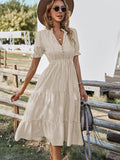 Purpdrank - Women Elegant Striped Lantern Sleeve Summer Dress Causal V-neck Button Ruffles Midi Dress Women Beach Holiday Party Dress