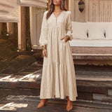 Purpdrank - Bohemian Shirt Dress Women's Maxi Sundress Spring Elegant Casual V Neck Ruflle Vestido Female Long Sleeve Tunic Robe