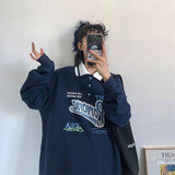 Purpdrank - Vintage Polo Collar Oversized Hoodies Women Korean Autumn Letter Print Sweatshirt Harajuku Bear Tops Long Sleeve Plus Size