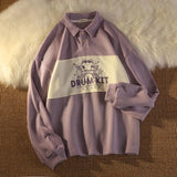 Purpdrank - Vintage Polo Collar Oversized Hoodies Women Korean Autumn Letter Print Sweatshirt Harajuku Bear Tops Long Sleeve Plus Size