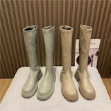 Purpdrank - Platform Knee High Boots Slip-on Block Heel Footwear Women Thick High Heels PU Leather Shoes Fashion Spring Female Boots