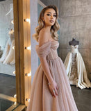 Purpdrank - Pink Sweet Homecoming Dress Off The Shoulder Sequins Shiny Tulle A-line Women Formal Evening Party Vestidos Elegant Gowns