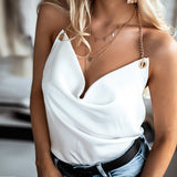 Purpdrank - Silk Blouse Shirt Women Tops Summer High Quality Chain Halter Blouse Shirt Elegant Office Lady Basic Solid Sleeveless Blusa