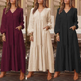 Purpdrank - Bohemian Shirt Dress Women's Maxi Sundress Spring Elegant Casual V Neck Ruflle Vestido Female Long Sleeve Tunic Robe