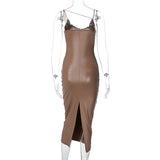 Purpdrank - New Elegant Women Winter Leather Dress Night Club Lady Sexy Midi Backless Sleeveless Spaghetti Strap Party Bodycon Dress