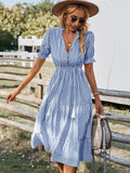 Purpdrank - Women Elegant Striped Lantern Sleeve Summer Dress Causal V-neck Button Ruffles Midi Dress Women Beach Holiday Party Dress