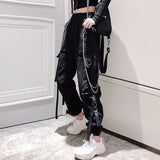 Purpdrank - Harajuku Black Streetwear Women Casual Pants Punk Harem Pants With Pockets Black Female Long Trousers Ribbon Ladies Pants