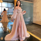 Purpdrank - Eightree Pink Wedding Dresses Puff Long Sleeve Bride Dress Split Side A Line Sexy Beach Wedding Gowns Robe de Mariee
