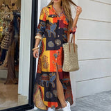 Purpdrank - Elegant Women Button Down Long Shirt Dress Summer Letters Print Lapel Neck Party Dress Lady Long Sleeve Maxi Beach Dress Vestido