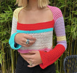 Purpdrank - Women Spring Autumn Streetwear Crochet Knit Crop Tops Long Sleeve Square Collar Color Block Hollow Out Regular Fit T-Shirts