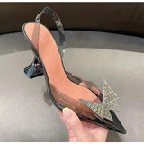 Purpdrank - New Rhinstone Butterfly PVC Transparent Women Pumps Ladies Slingbacks Slip On Pointed Toe Clear High Heeled Wedding Pumps Sandal