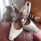 Purpdrank - High Heels Shoes Woman Square Head Shallow  Platform Chain Strappy Sandals Female Stiletto Patent Leather Wedding Pumps White