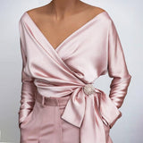 Purpdrank - Autumn Women Satin T-shirt Long Sleeve Vintage Bow Elegant Lady Silk T Shirt Female Sexy Tops