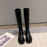 Purpdrank - Platform Knee High Boots Slip-on Block Heel Footwear Women Thick High Heels PU Leather Shoes Fashion Spring Female Boots