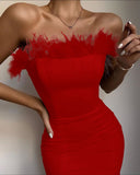 Purpdrank - New Summer Sexy Strapless Backless Feather Black Midi Women Bodycon Bandage Dress Designer Fashion Party Club Dress Vestido