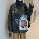 Purpdrank - drank Men Turtlenecks Shark Sweater Men Winter Patchwor Harajuku Korean Style High Neck Oversized Grey Turtleneck For Men
