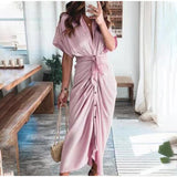 Purpdrank - 2023 New Bandage Single Breasted Dress Women Casual Short Sleeve Button Solid Maxi Dress For Woman Summer Holiday Style Dress