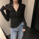 Purpdrank - Blouse Women Cotton V-neck Long Sleeve Shirts Fall Women's Clothing Slim Fit Top Blusas Ropa De Mujer