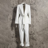 Purpdrank - Solid Color Korean Two Piece Set Women Blazer High Waist Belt Lace-up Straight Pants Suits Female Fashion New