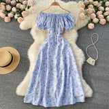 Purpdrank - Summer French Floral Dress Women Sweet Sexy Slash Neck Off Shoulder A-line Dresses Boho Print Vacation Beach Sundress