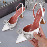 Purpdrank - Glitter Rhinestone Women Pumps Crystal Bowknot Satin Pointed Toe High Heels Slingbacks Shoe Slip On Ladies Wedding Pumps Sandal